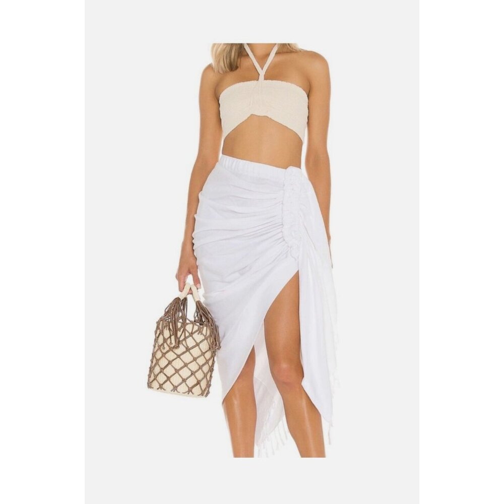 Just Bee Queen Tulum White Madi Ruched Wrap Skirt With Fringe Sz M Boho Resort - Picture 14 of 15